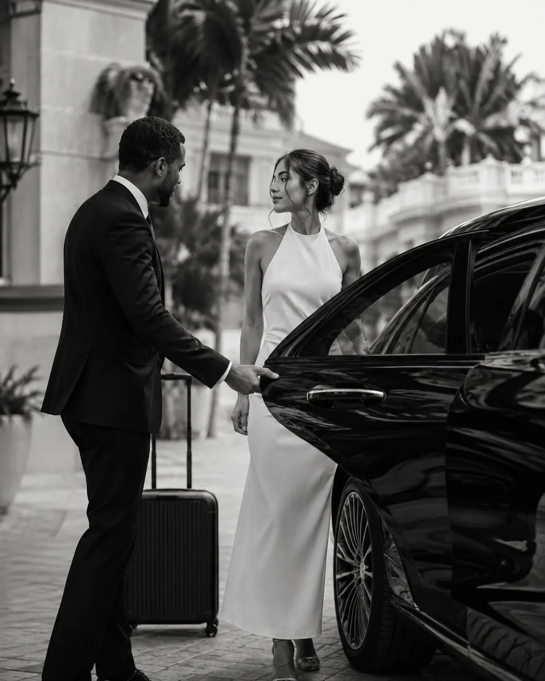 A driver holding open the door of a car as a woman arrives at a hotel entrance