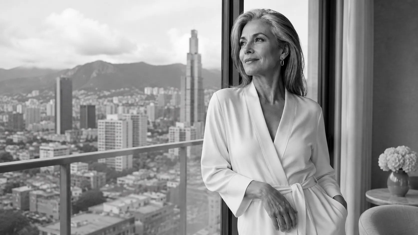A woman in a white robe looking out over a Colombian city skyline framed by mountains