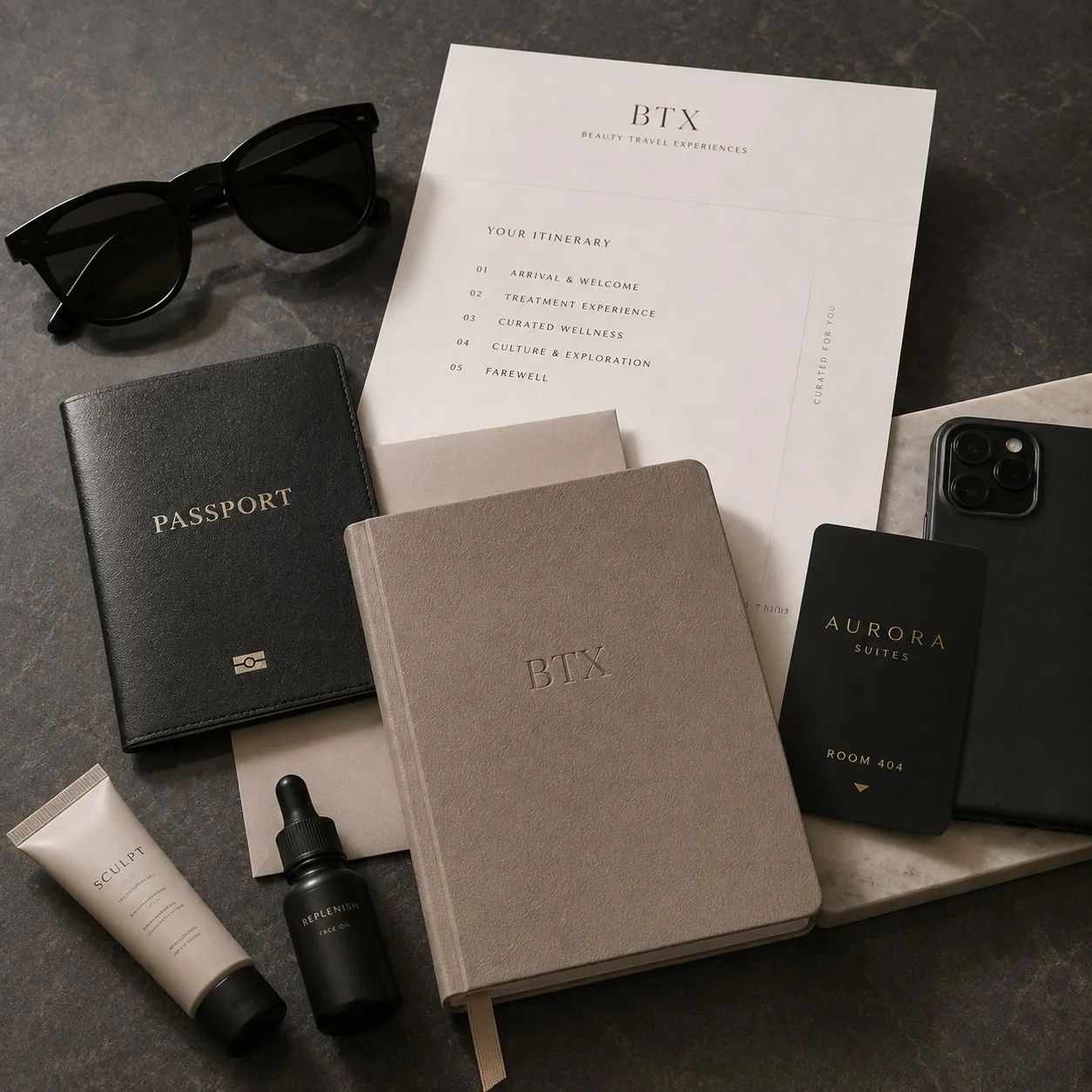 BTX stationery, a passport and travel documents arranged on a pale surface