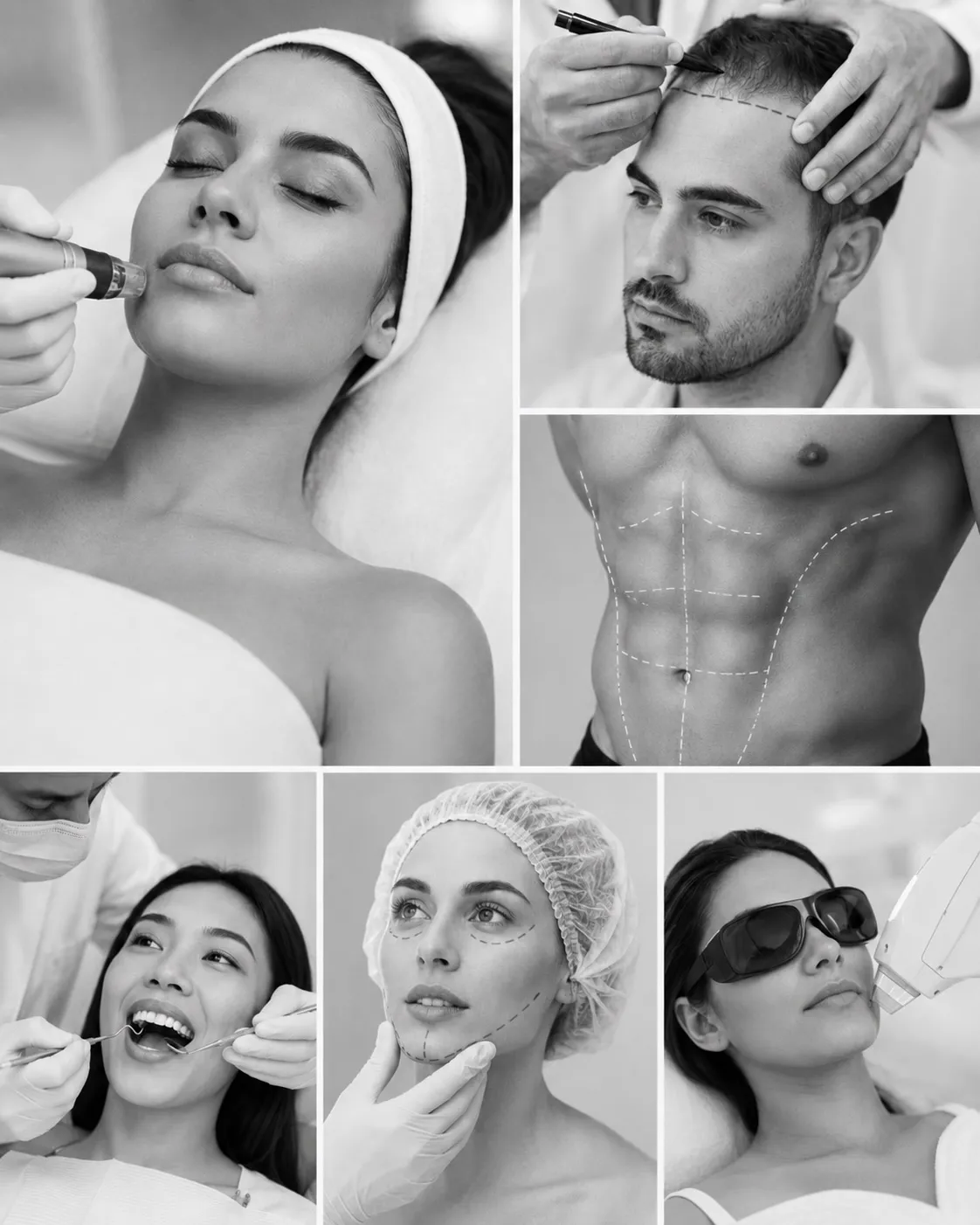 A black-and-white grid of cosmetic, dental and aesthetic treatments — facials, hair and body contouring assessments, dentistry and laser care