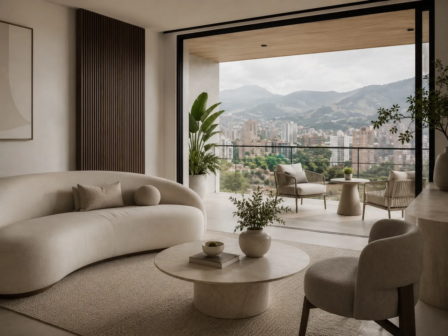 A calm modern interior with floor-to-ceiling windows overlooking mountains