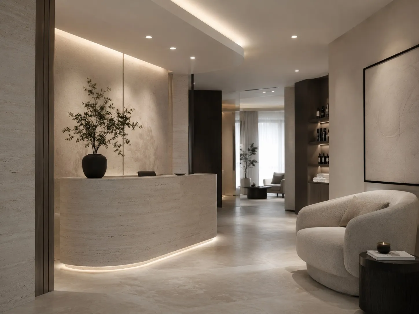 The reception area of a calm, modern private clinic