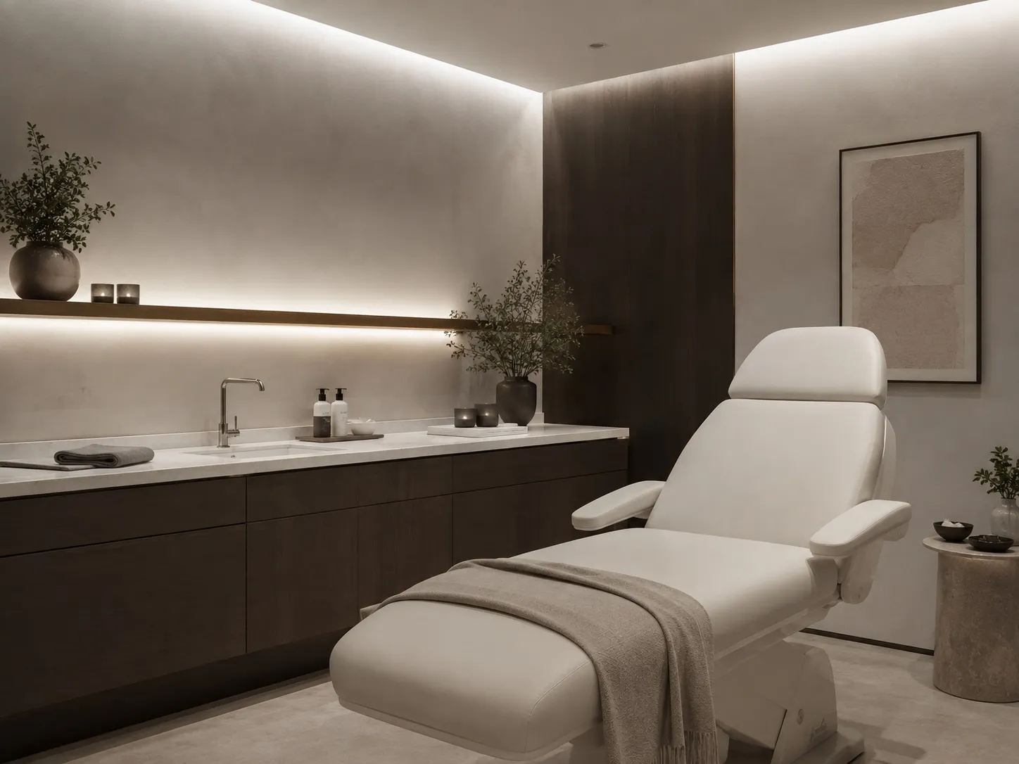 A softly lit private treatment room with a reclining chair and stone surfaces