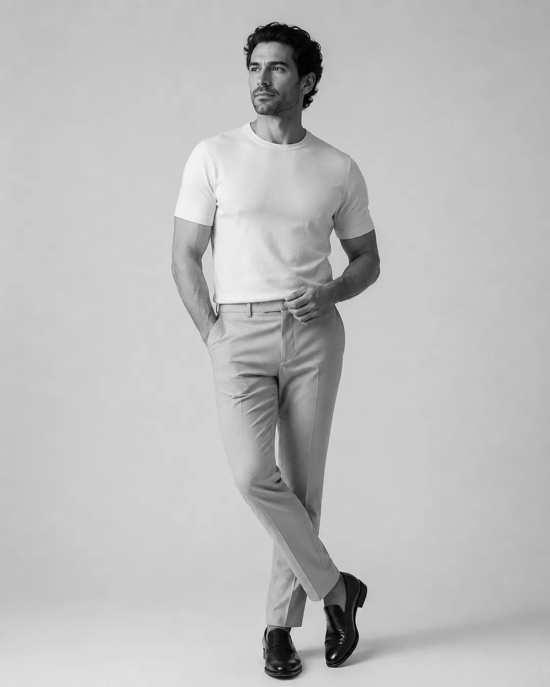Black and white studio portrait of a man in a white t-shirt and light trousers