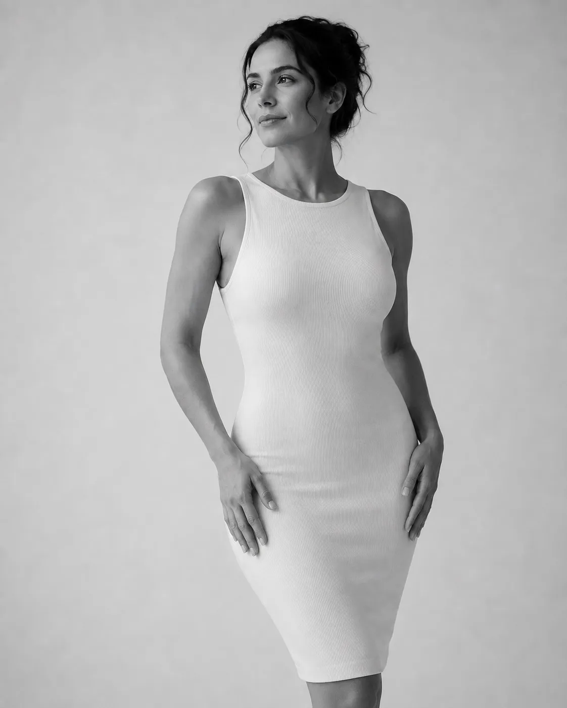 Black and white studio portrait of a woman in a white sleeveless dress