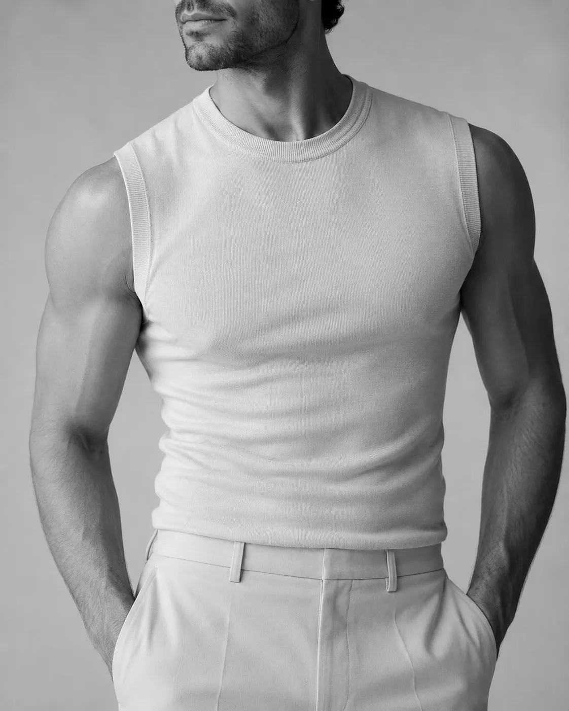 Black and white studio portrait of a man in a white sleeveless top