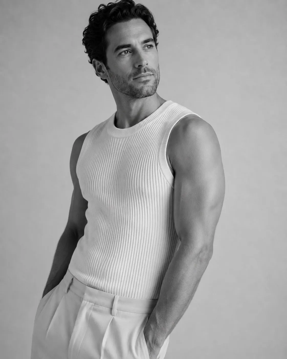 Black and white studio portrait of a man in a white ribbed vest