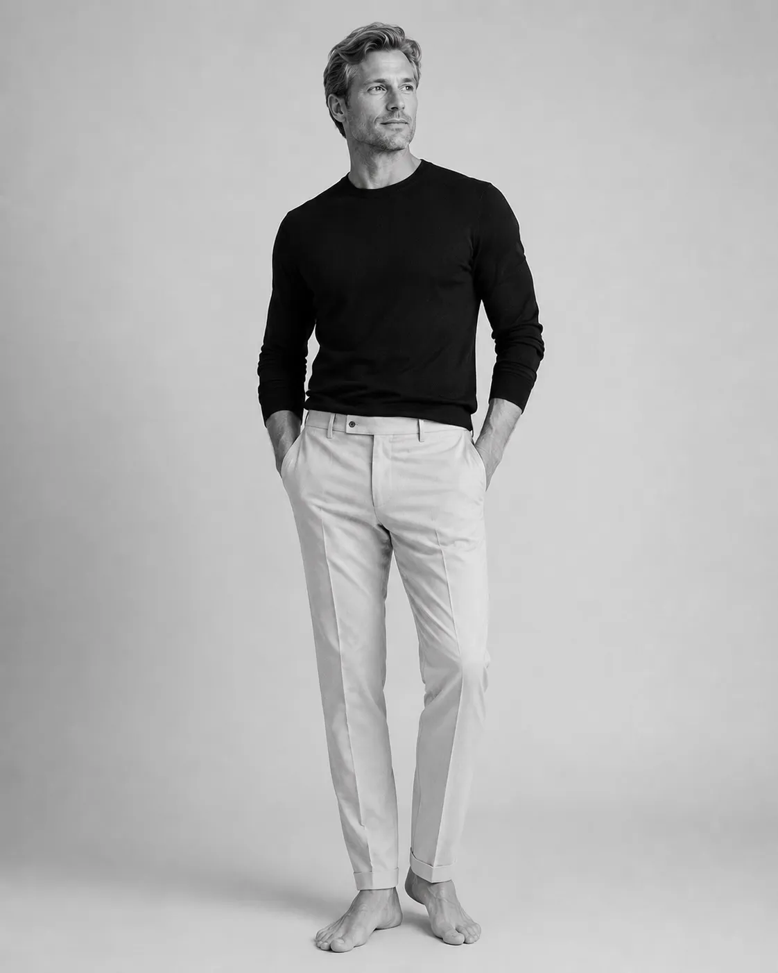 Black and white studio portrait of a man in a black top and light trousers