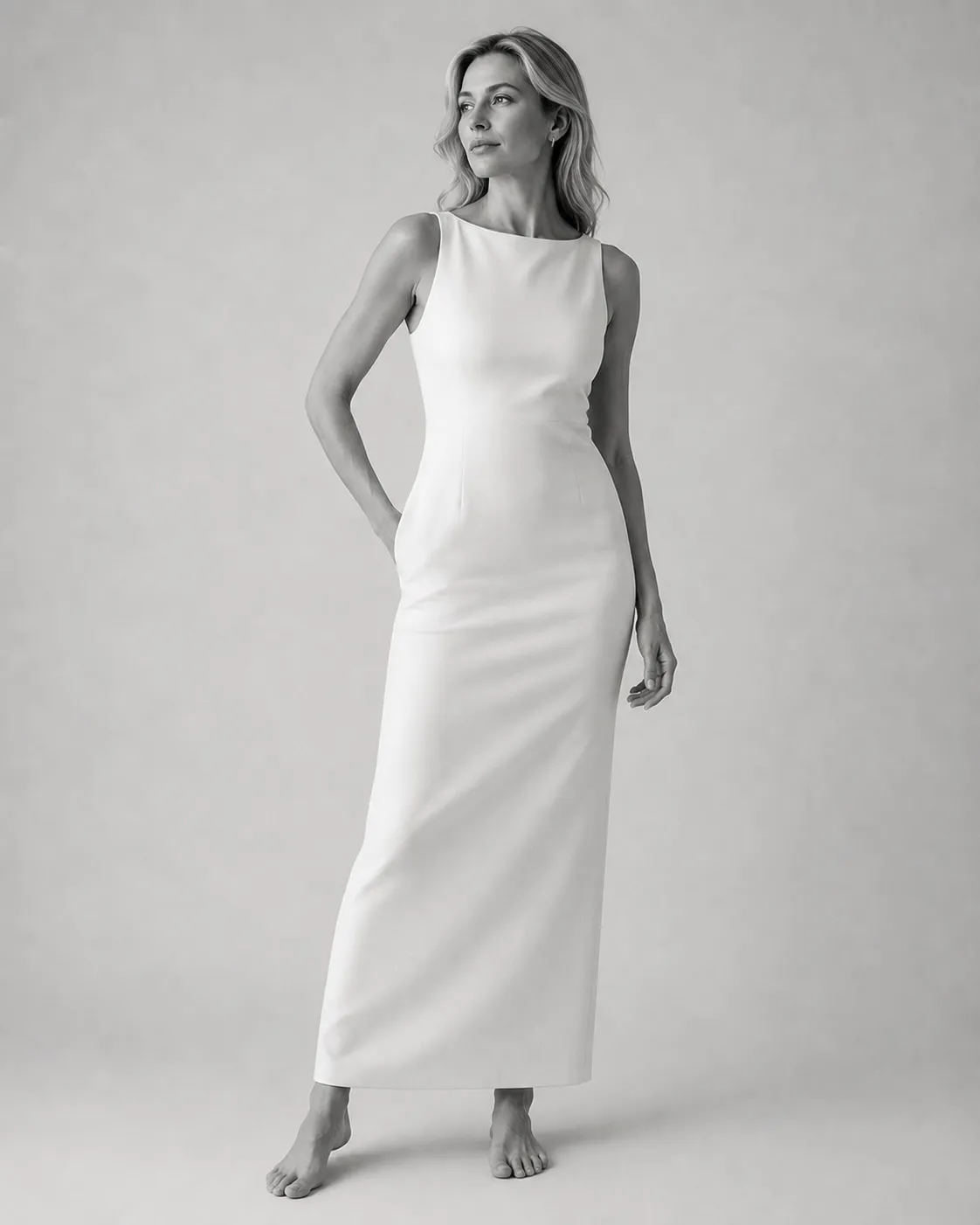 Black and white studio portrait of a woman in a long white column dress