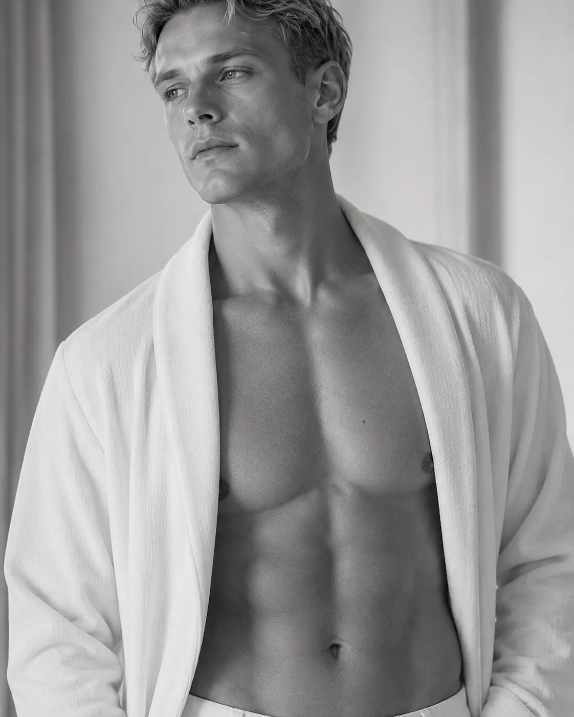 Black and white studio portrait of a man in an open white shirt