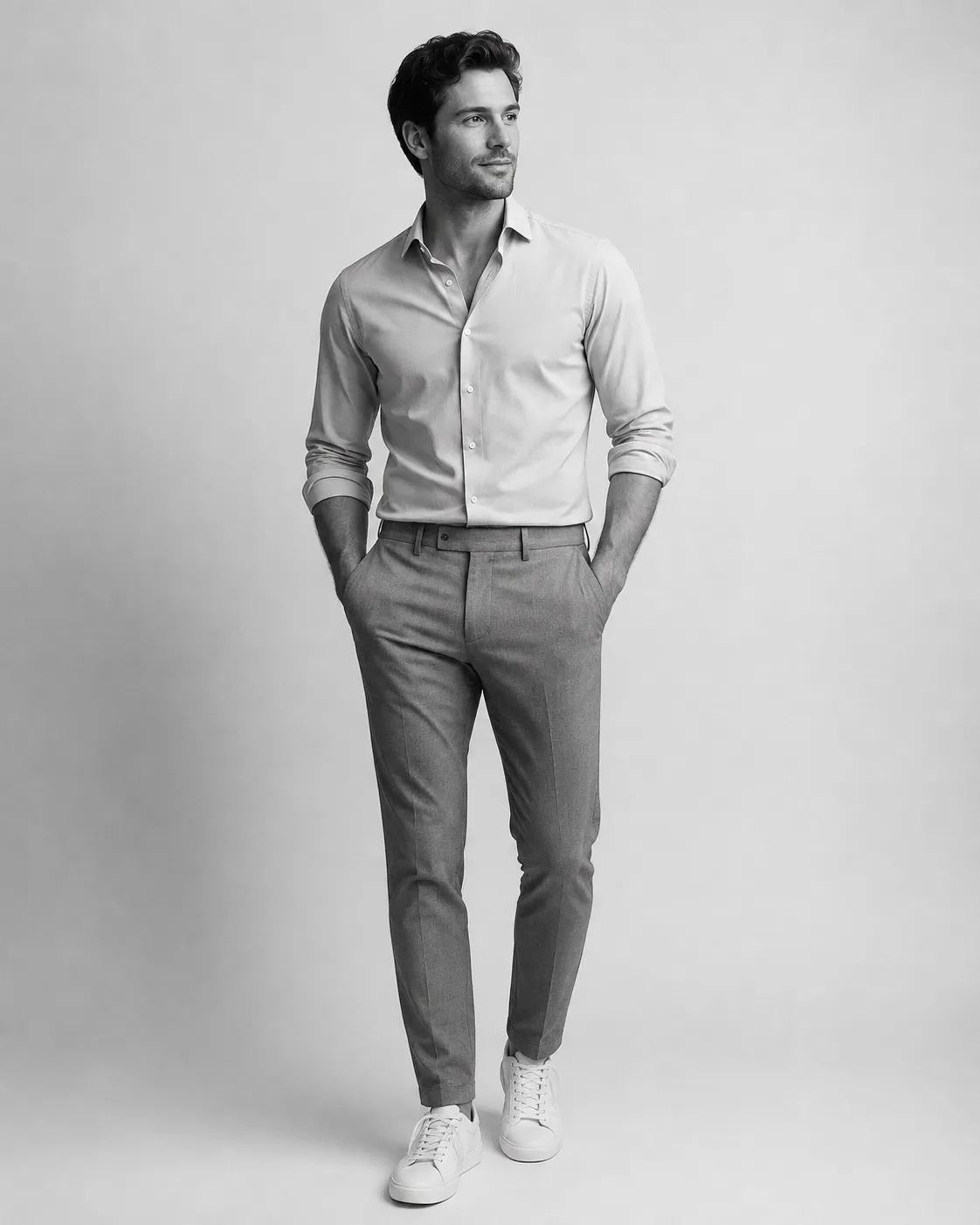 Black and white studio portrait of a man in a white shirt and light trousers