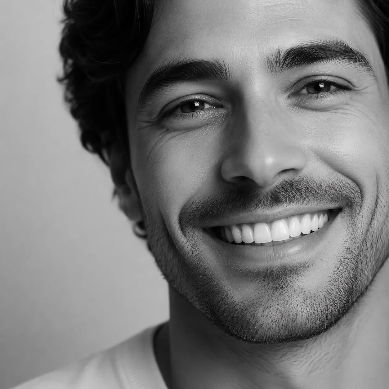 Black and white close portrait of a smiling bearded man