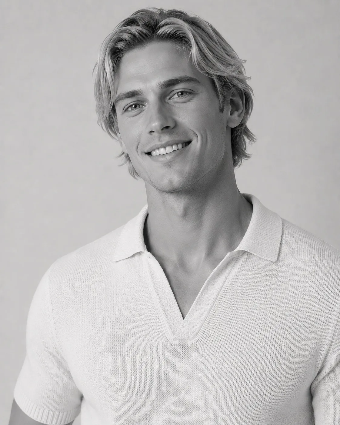 Black and white studio portrait of a smiling man in a light knitted polo shirt