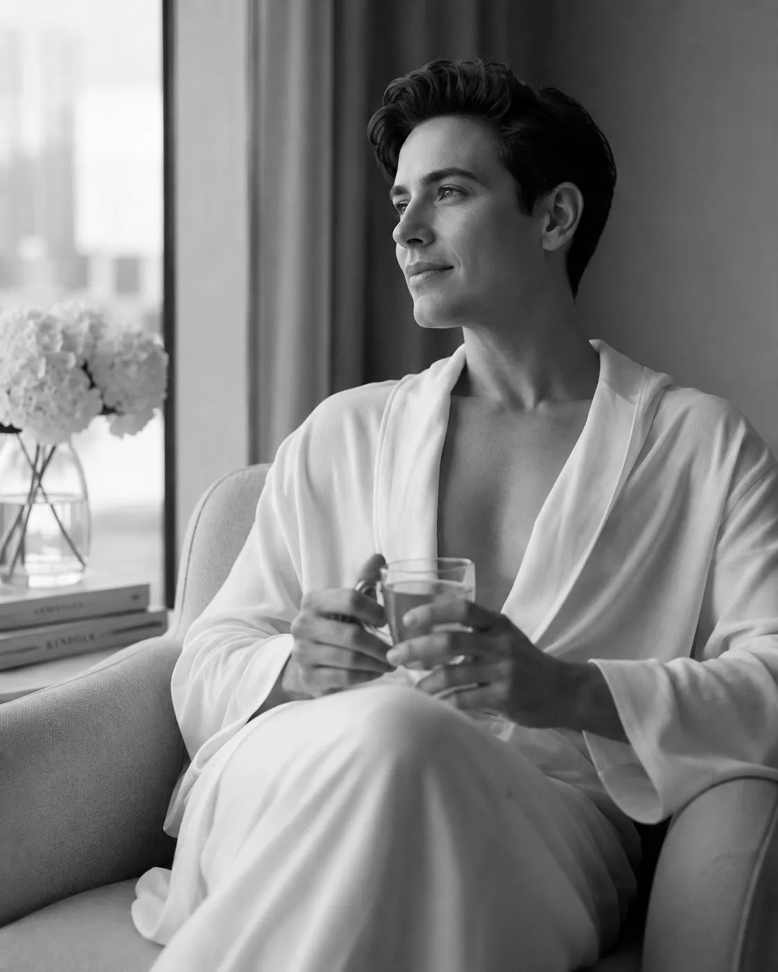 Black and white photograph of a person in a white robe seated by a window
